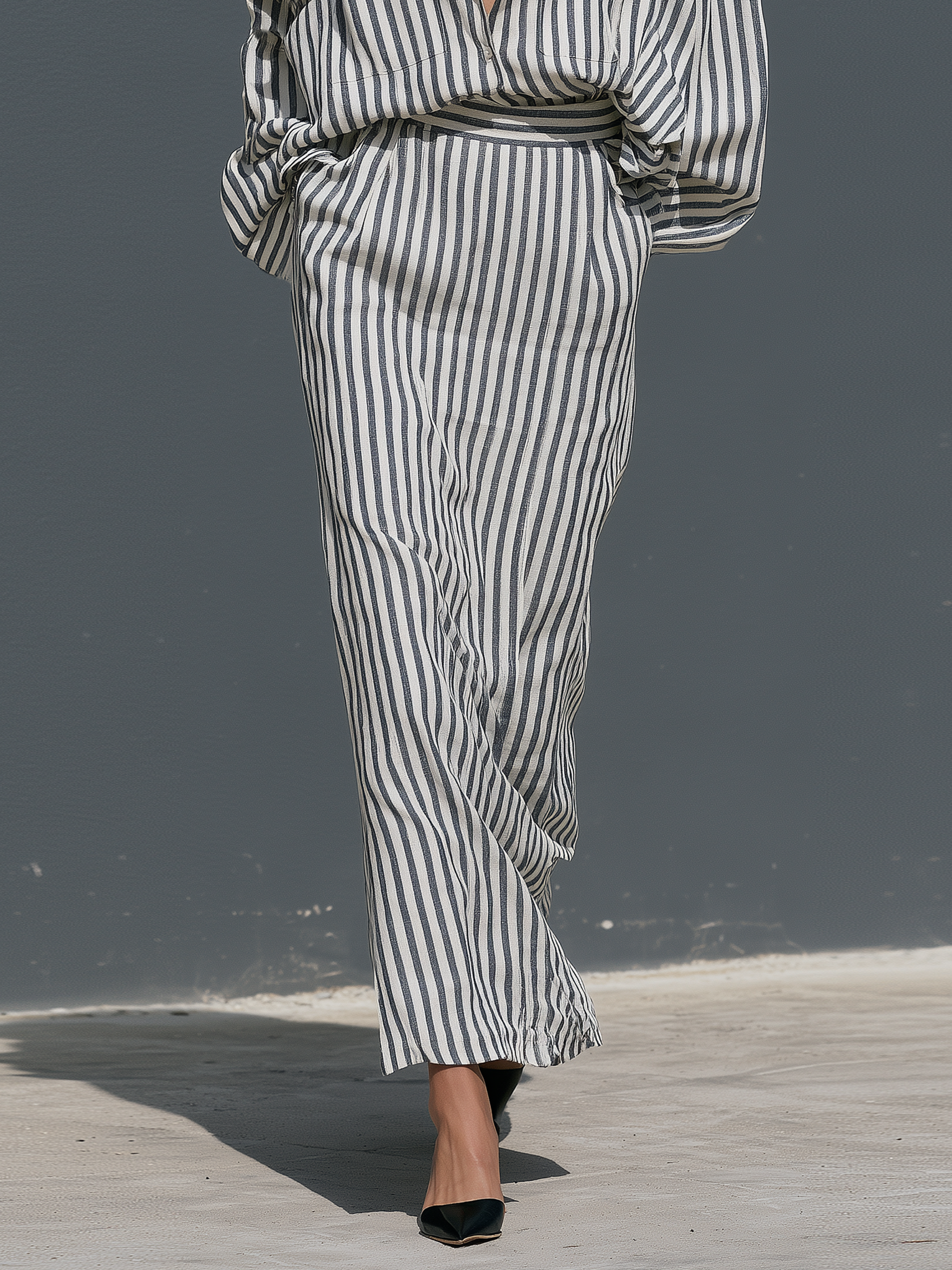 Women's Vintage Utility-Style Striped Shirt And Straight-Cut Skirt Set MDZ1380H2WY
