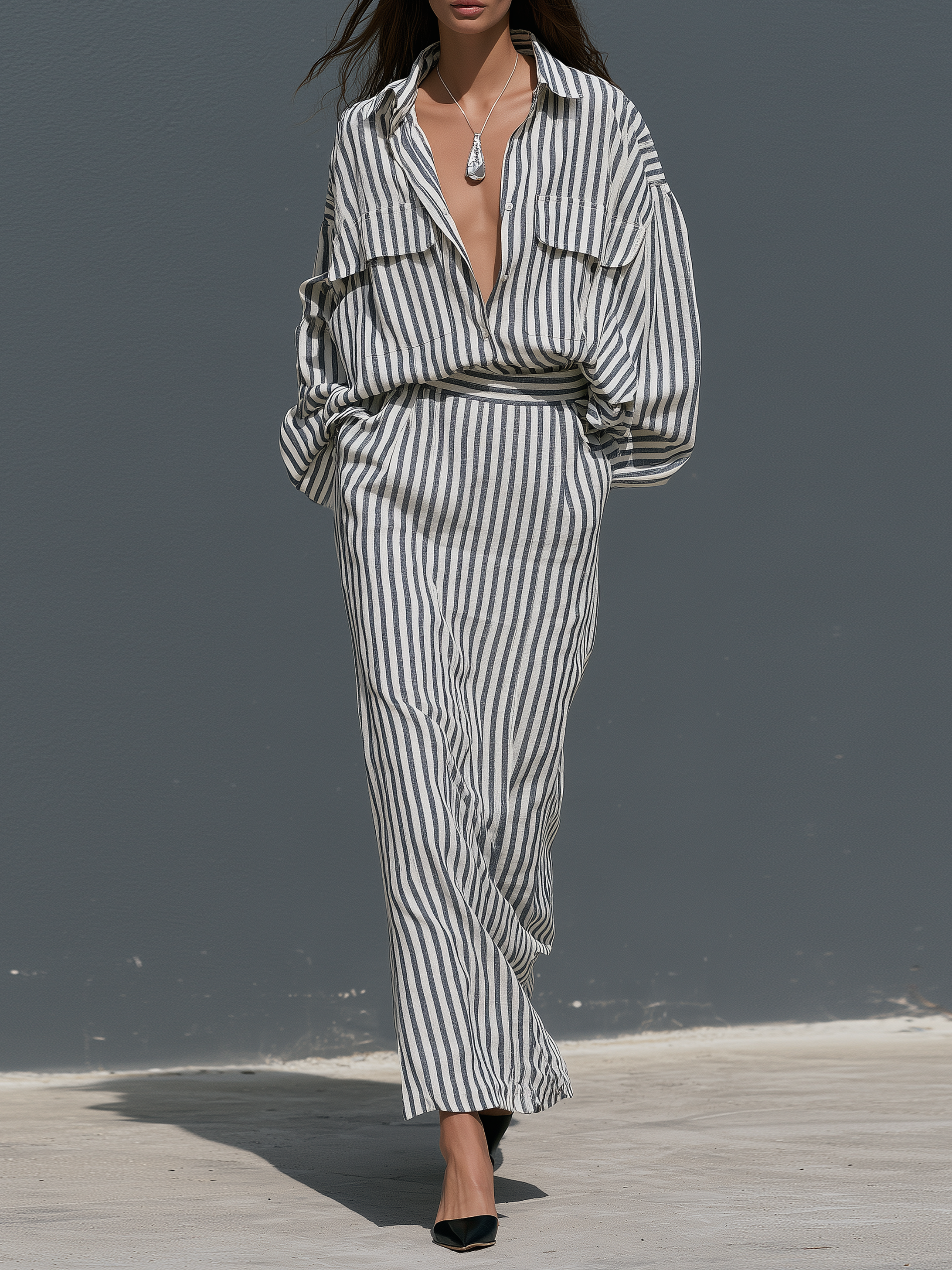 Women's Vintage Utility-Style Striped Shirt And Straight-Cut Skirt Set MDZ1380H2WY
