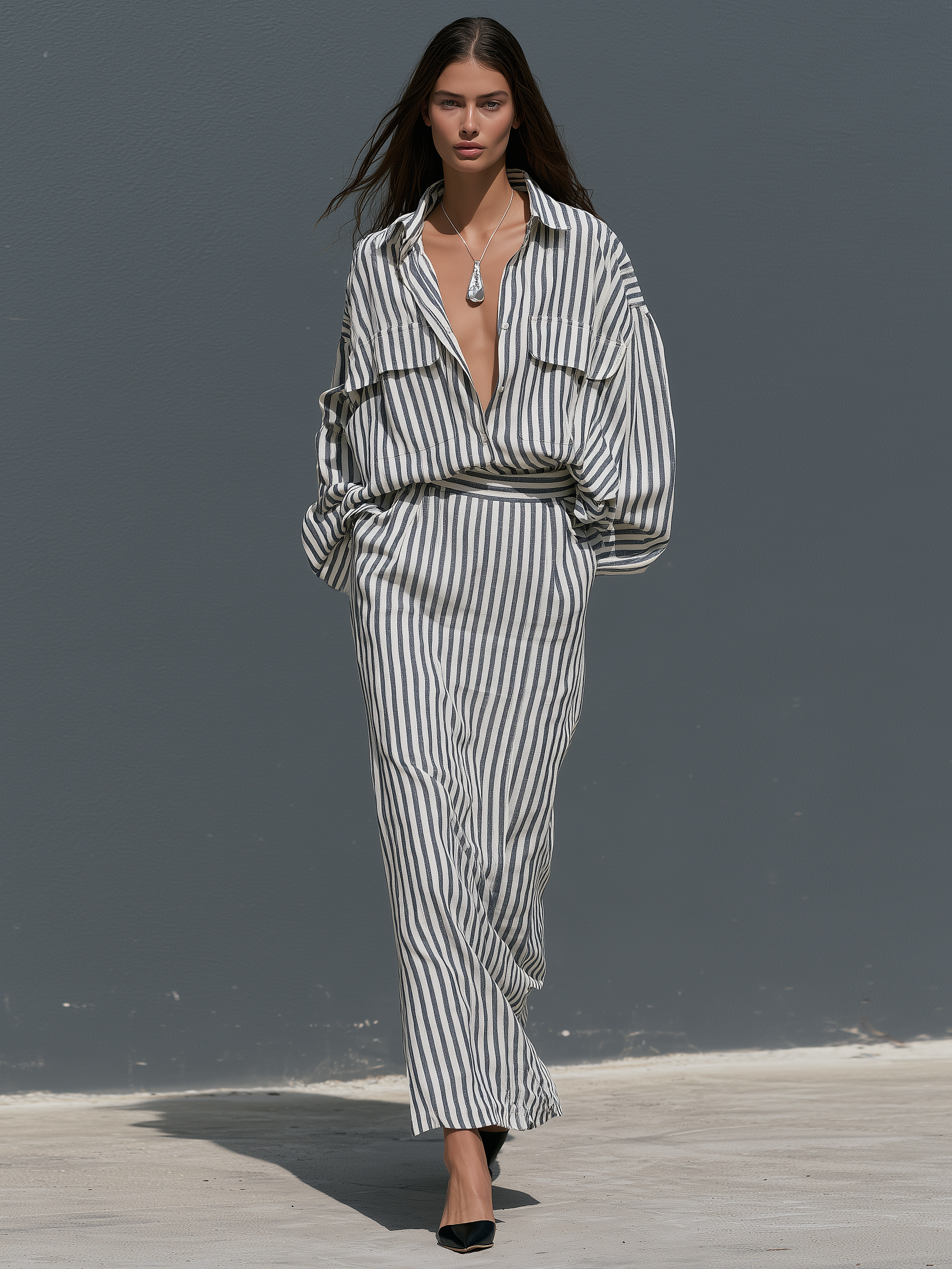 Women's Vintage Utility-Style Striped Shirt And Straight-Cut Skirt Set MDZ1380H2WY