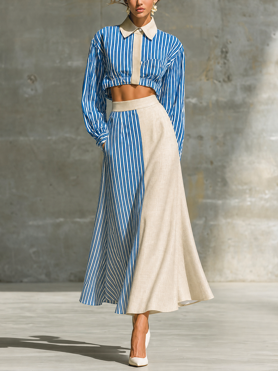 Women's Striped Colorblock Cropped Shirt & Maxi Skirt Two-Piece Set MDZ1389H0YZJ