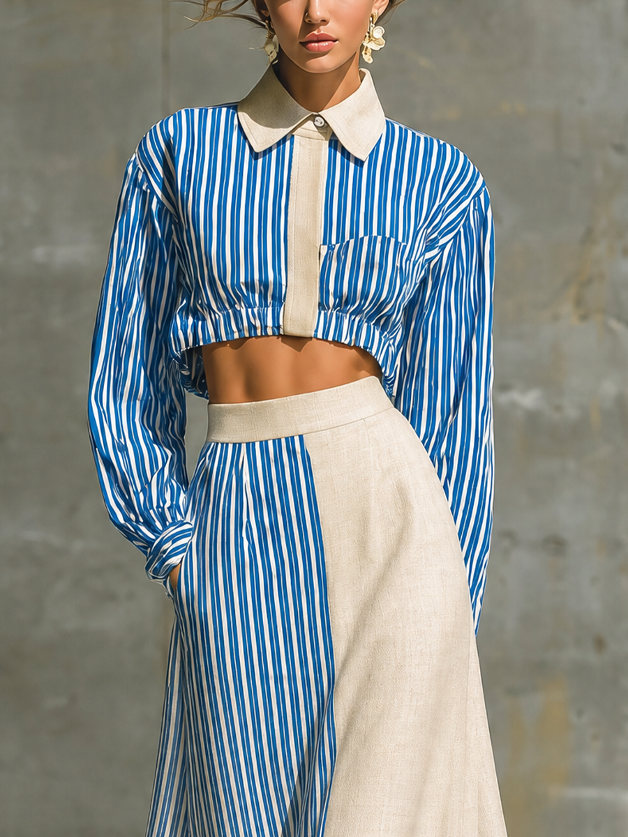 Women's Striped Colorblock Cropped Shirt & Maxi Skirt Two-Piece Set MDZ1389H0YZJ