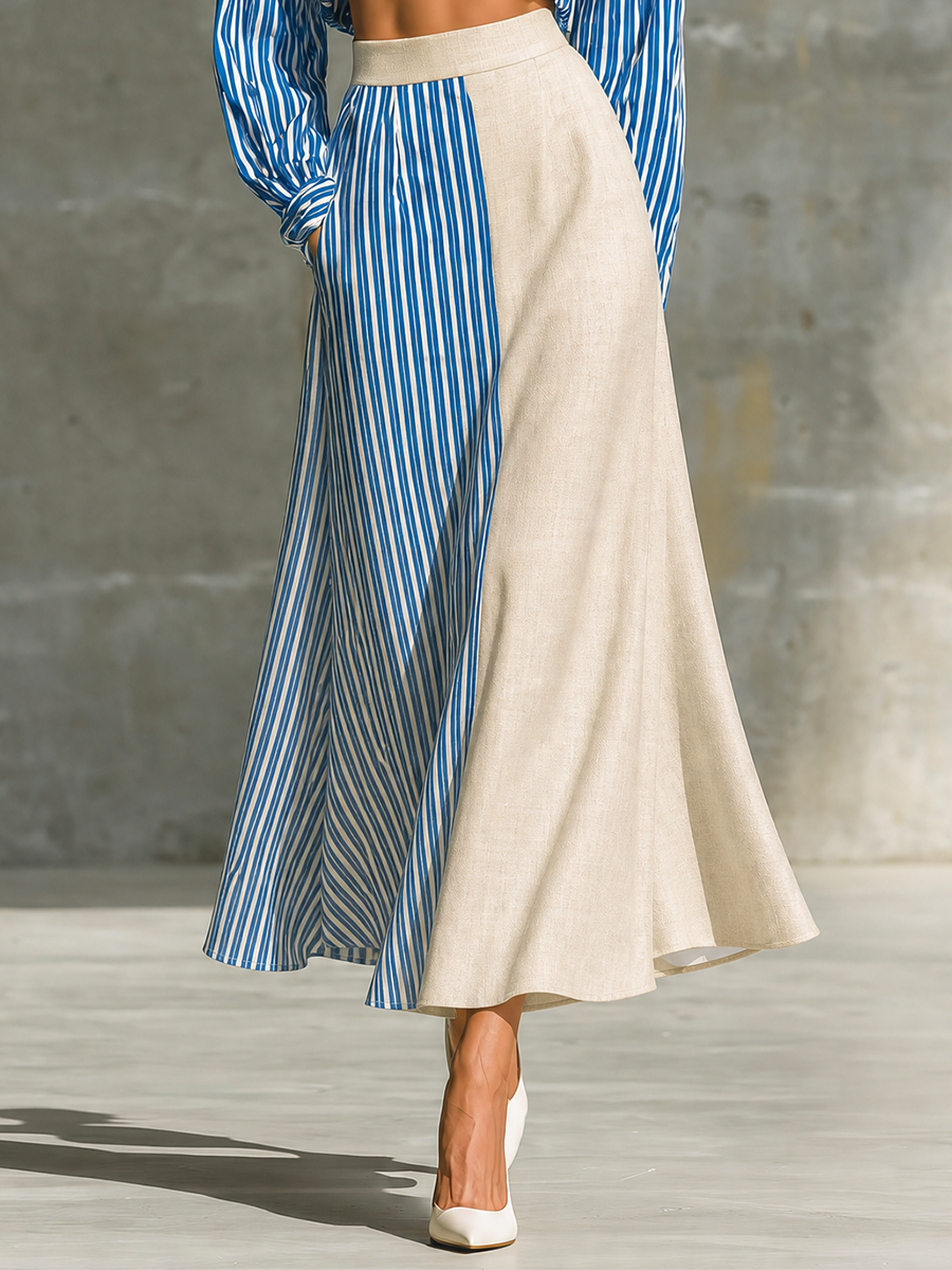 Women's Striped Colorblock Cropped Shirt & Maxi Skirt Two-Piece Set MDZ1389H0YZJ