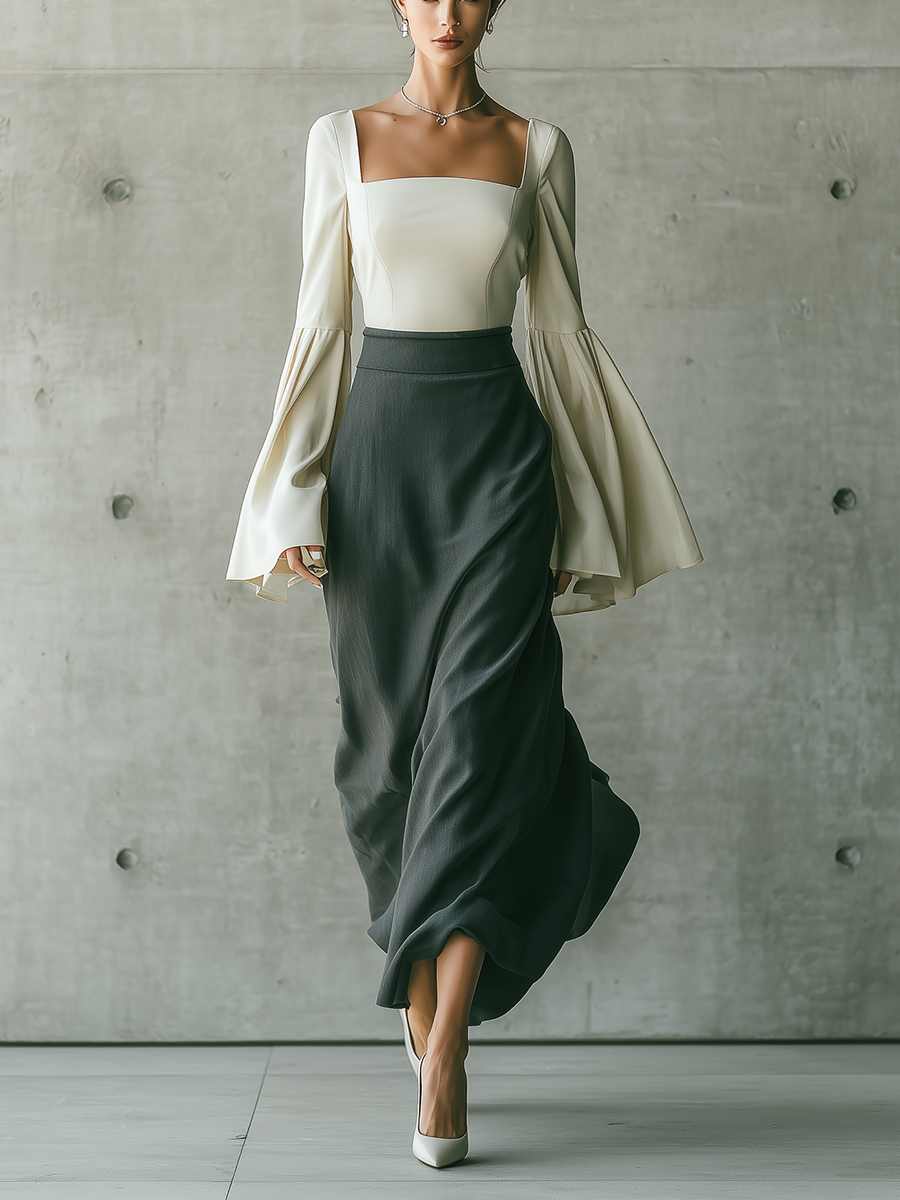 Women's Square Neck Bell Sleeve Top With High Waist Maxi Skirt Set MDZ1328H8YZJ