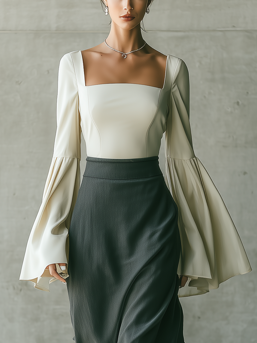 Women's Square Neck Bell Sleeve Top With High Waist Maxi Skirt Set MDZ1328H8YZJ