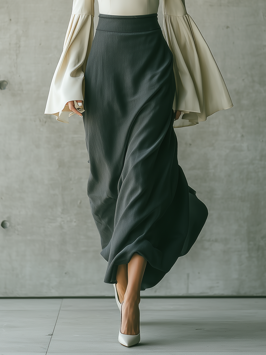 Women's Square Neck Bell Sleeve Top With High Waist Maxi Skirt Set MDZ1328H8YZJ
