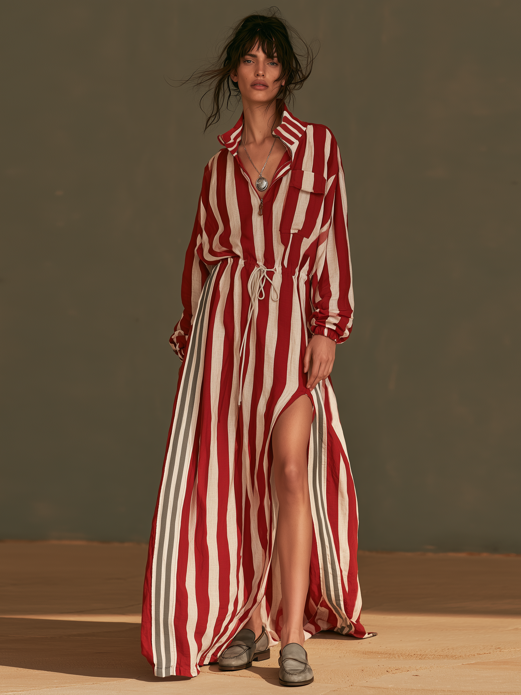 Women's Vintage Striped Drawstring Slit Maxi Dress MDZ1312H2WY
