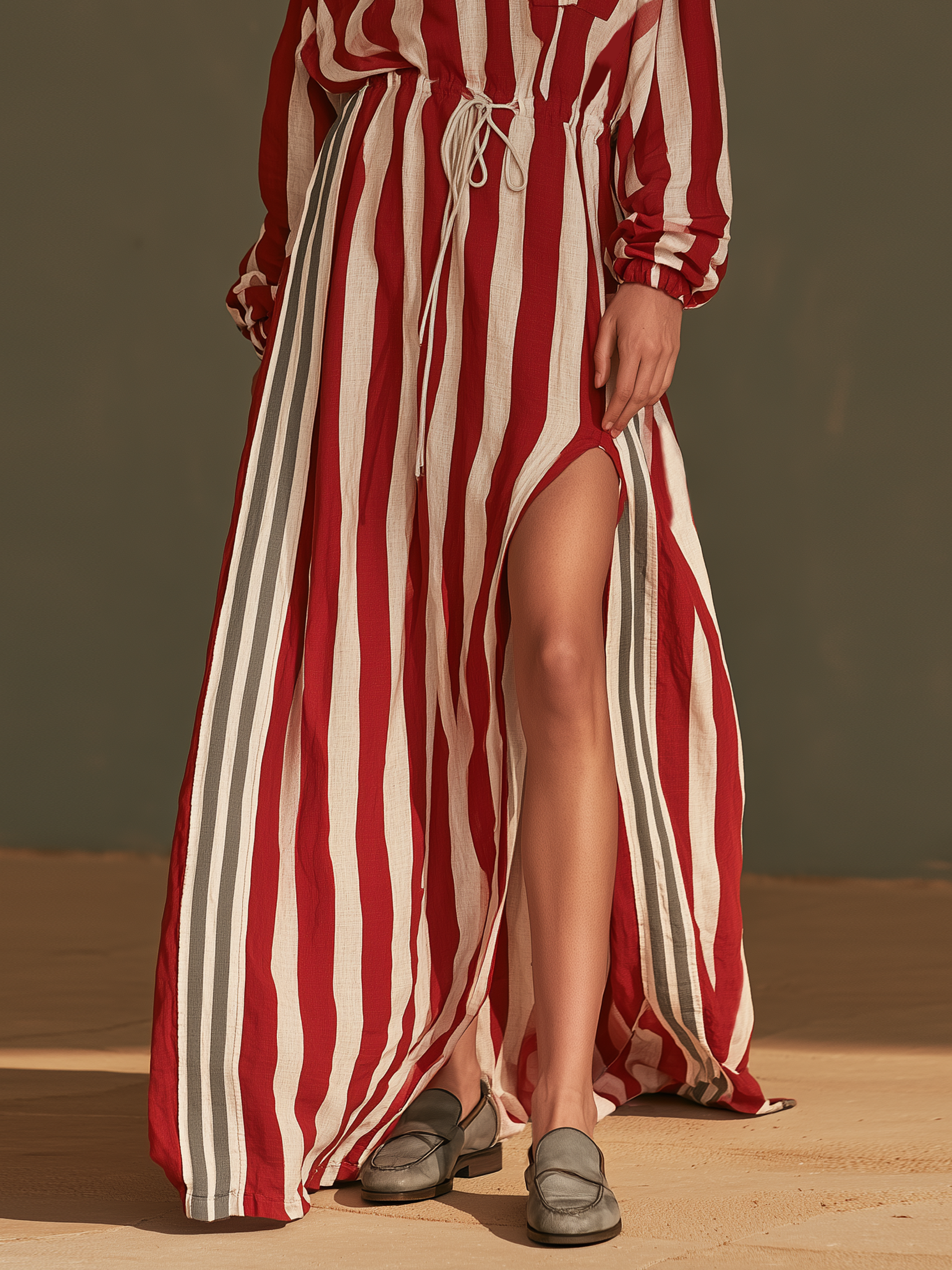 Women's Vintage Striped Drawstring Slit Maxi Dress MDZ1312H2WY