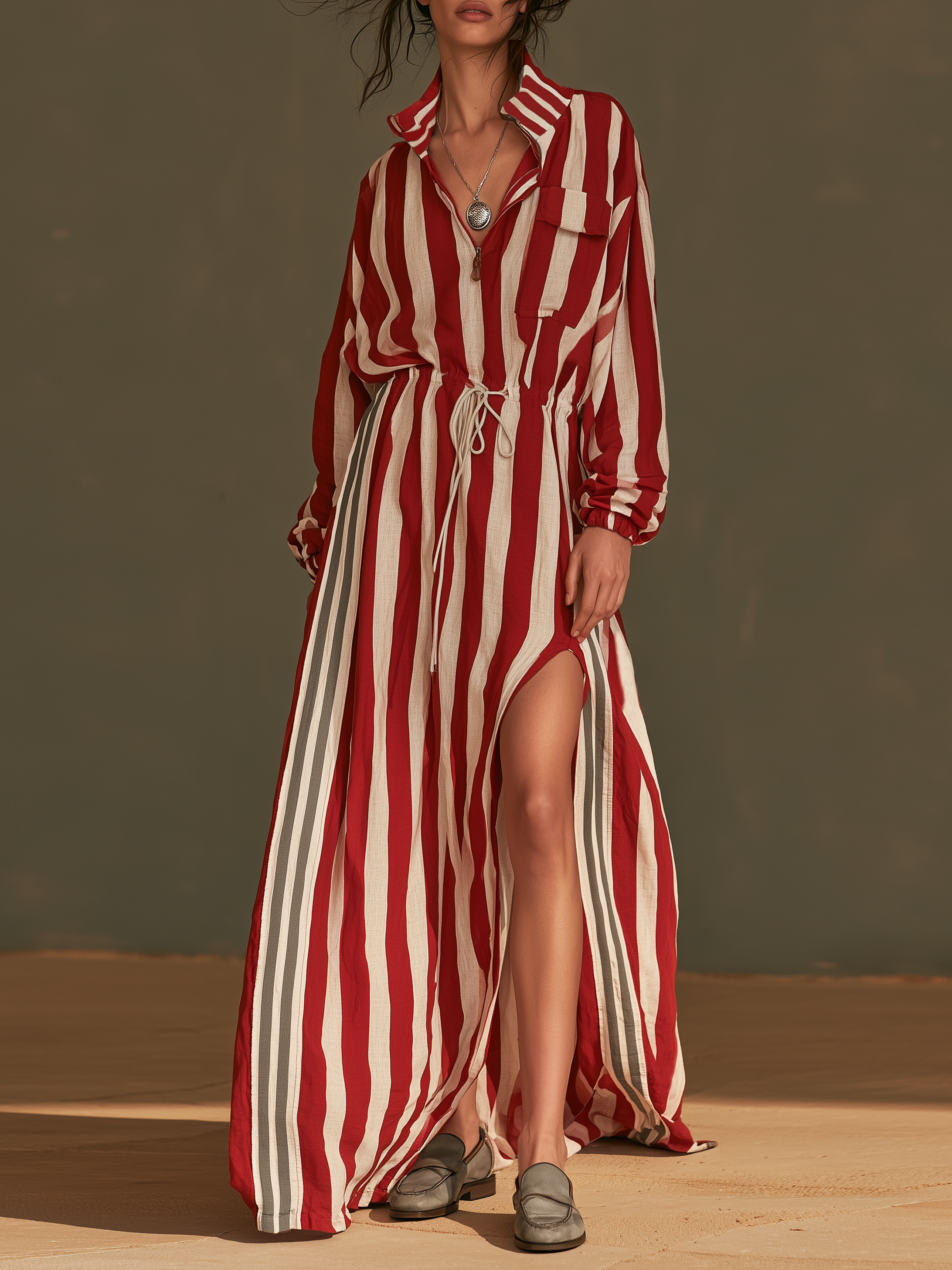 Women's Vintage Striped Drawstring Slit Maxi Dress MDZ1312H2WY
