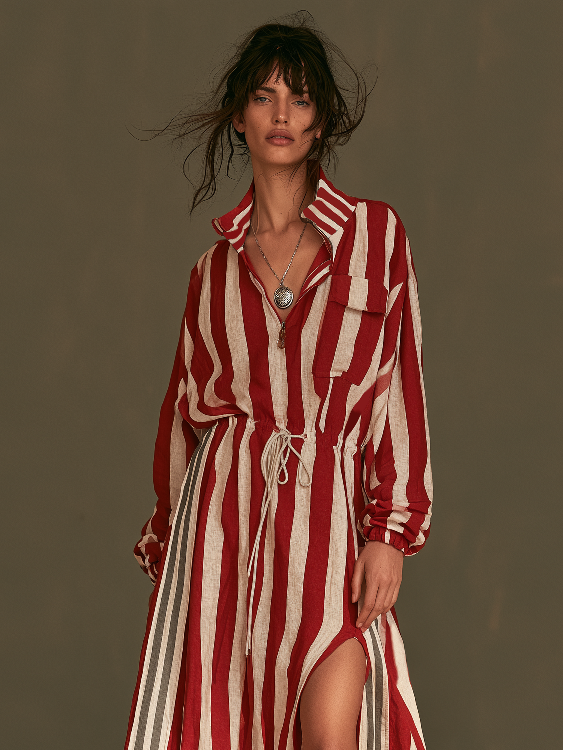 Women's Vintage Striped Drawstring Slit Maxi Dress MDZ1312H2WY