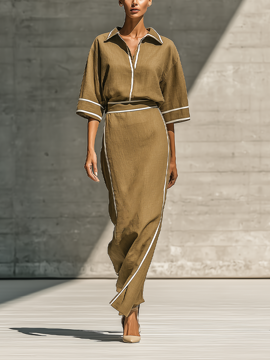 Women's Contrast Piping Linen Blend Collared Top and Skirt Set MDZ1330H7YZJ