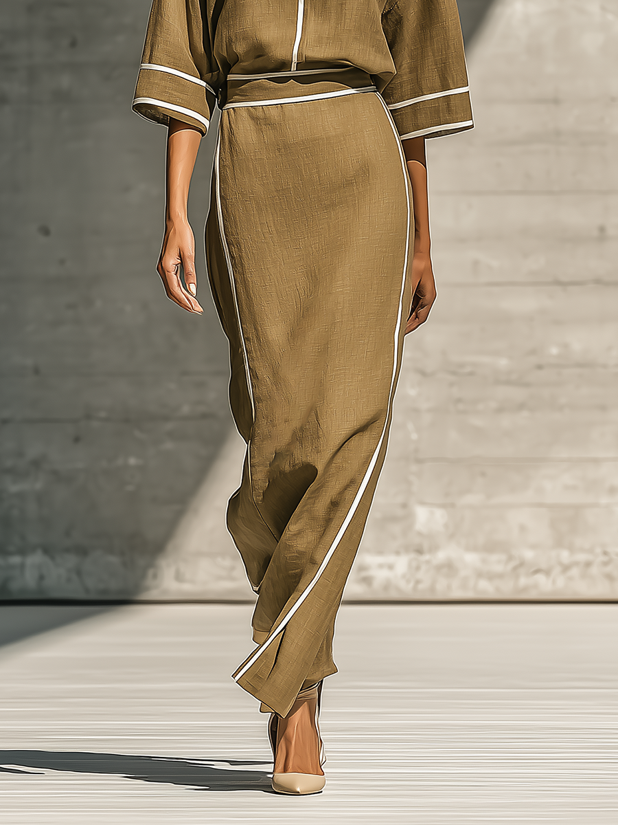 Women's Contrast Piping Linen Blend Collared Top and Skirt Set MDZ1330H7YZJ