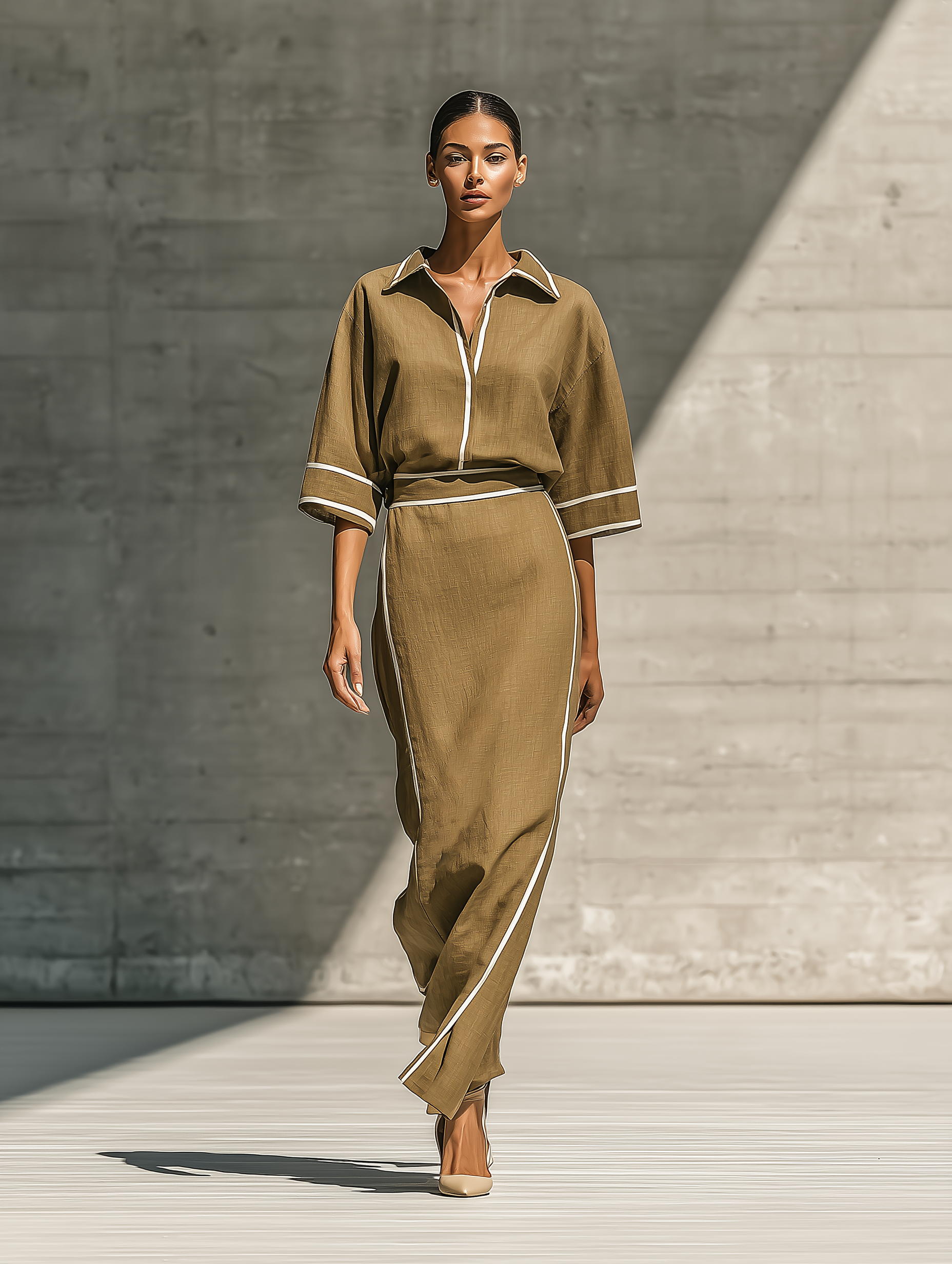 Women's Contrast Piping Linen Blend Collared Top and Skirt Set MDZ1330H7YZJ
