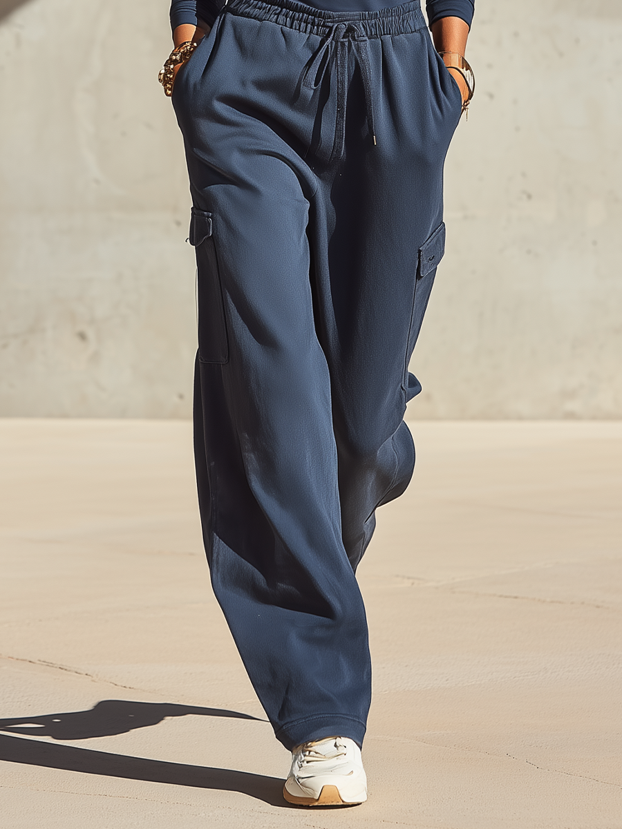 Women's Quarter-Zip Long Sleeve Top and Wide Leg Cargo Pants Set MDZ1385H3YZJ