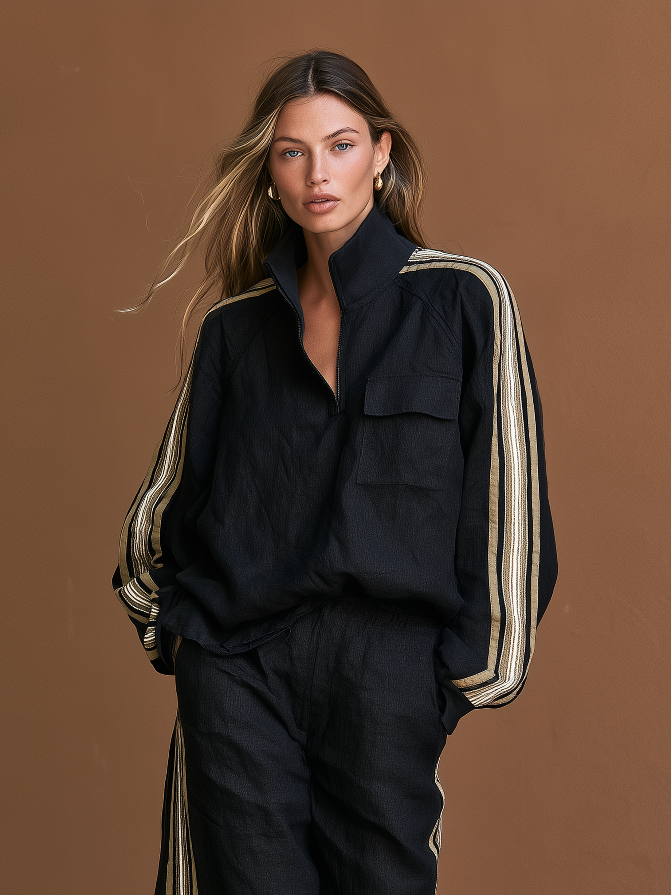 Women's Vintage-style Casual Half-zip Blouse And Cropped Wide-leg Trousers Set MDZ1311H3WY