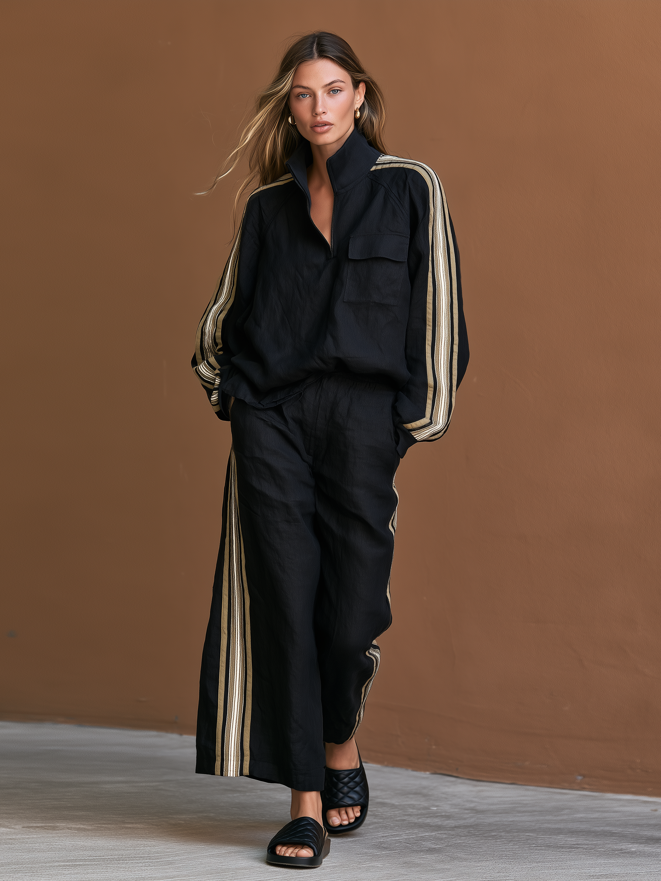 Women's Vintage-style Casual Half-zip Blouse And Cropped Wide-leg Trousers Set MDZ1311H3WY