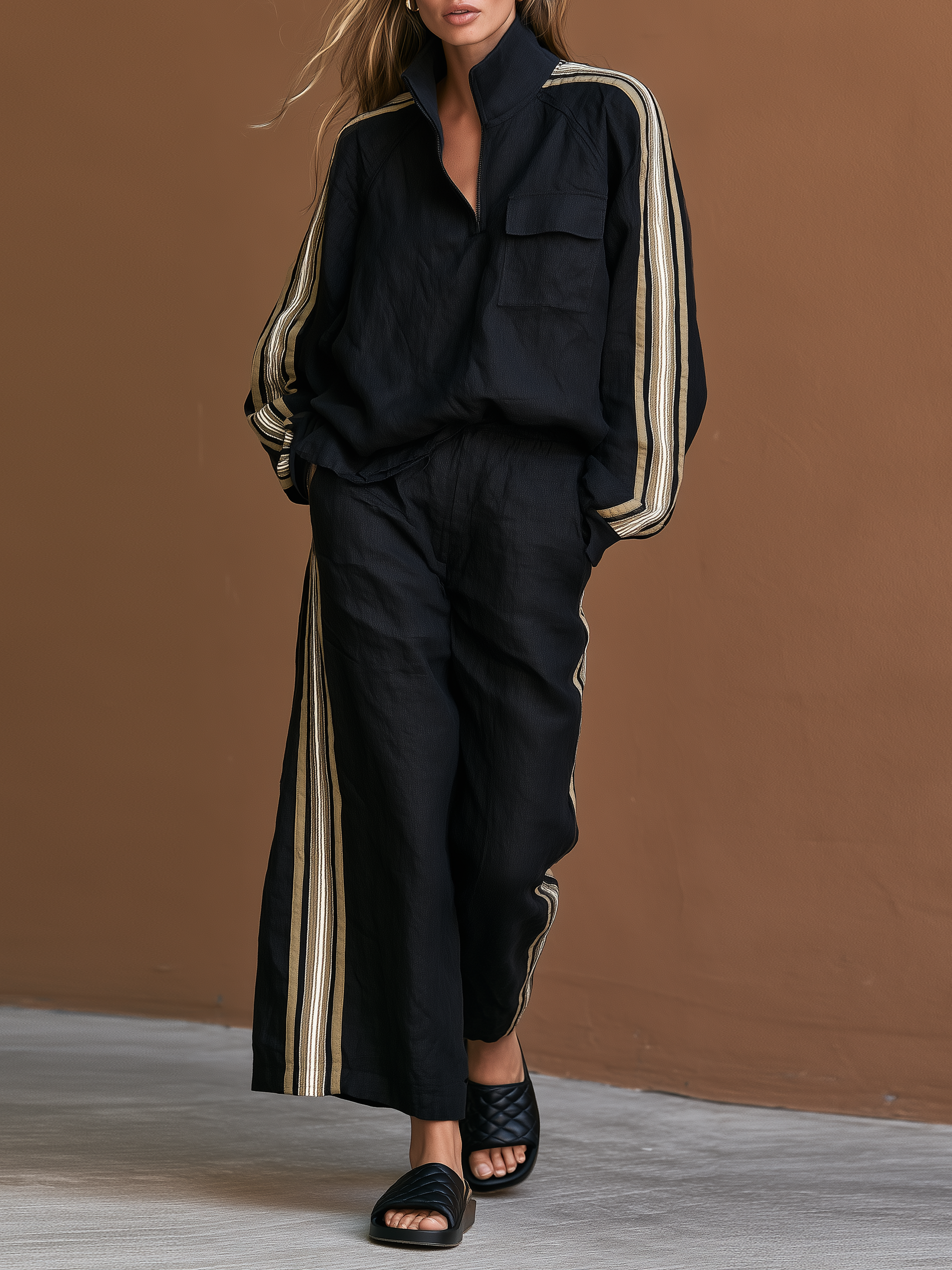 Women's Vintage-style Casual Half-zip Blouse And Cropped Wide-leg Trousers Set MDZ1311H3WY
