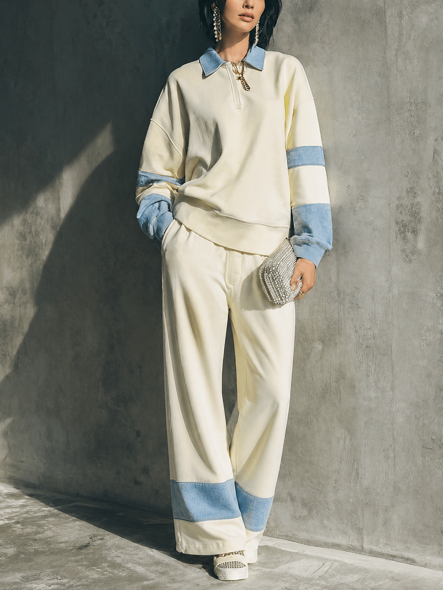 Women's Contrast Trim Casual Collared Pants Set MDZ1307H9GMJ