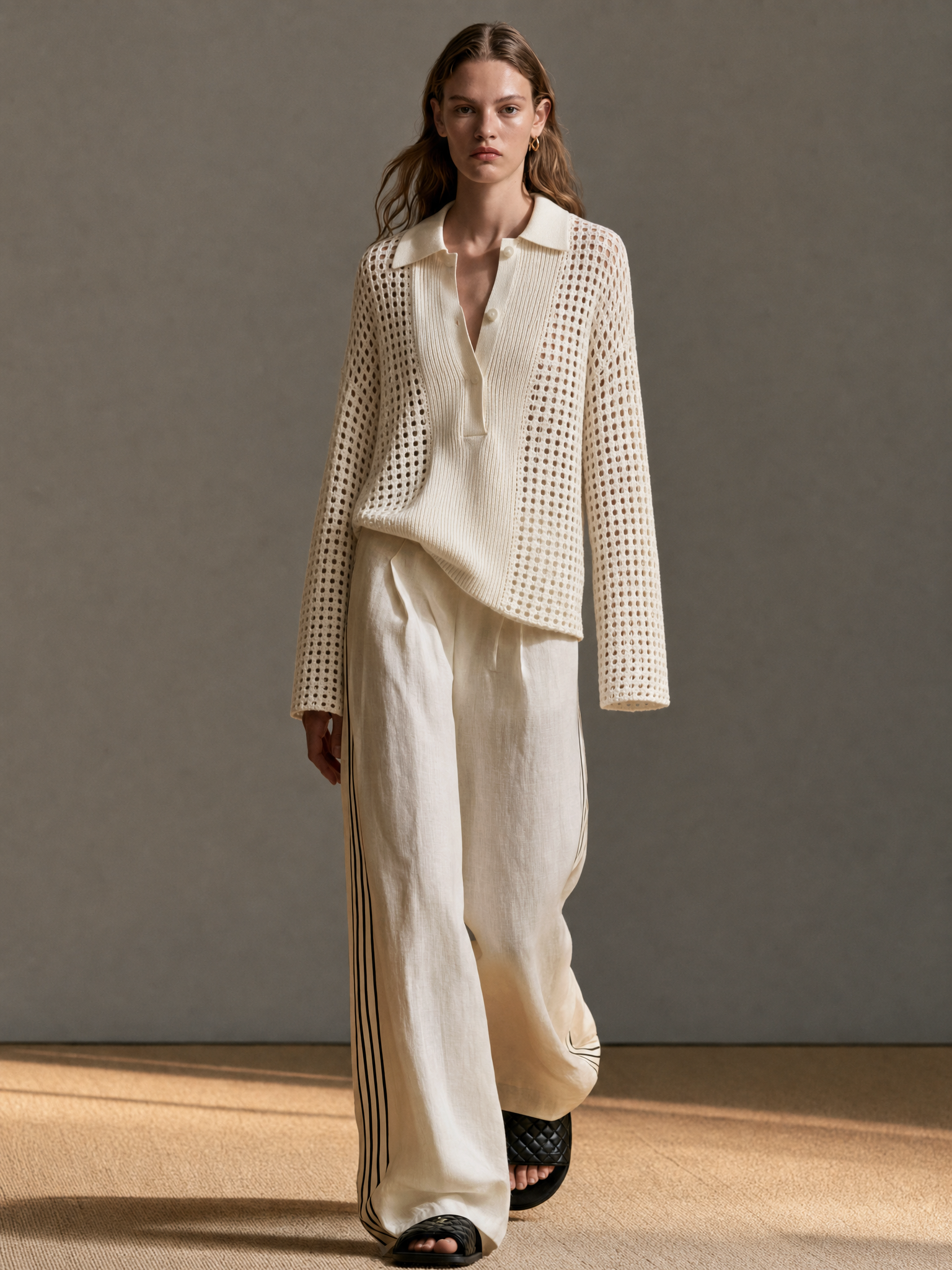 Women's Retro Casual Cut-Out Polo Collar Sweater And Wide-Leg Pants Set MDZ1391H7WY