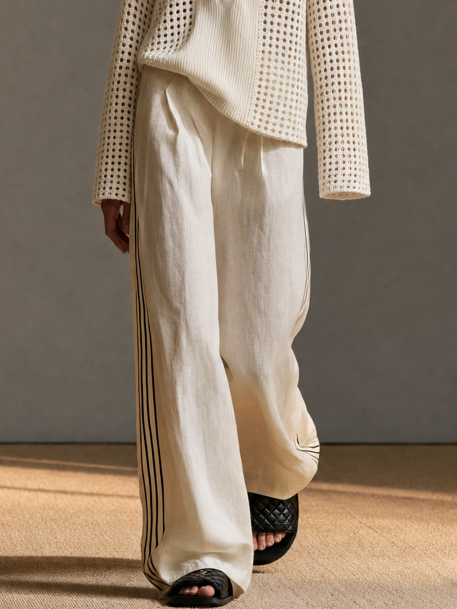 Women's Retro Casual Cut-Out Polo Collar Sweater And Wide-Leg Pants Set MDZ1391H7WY