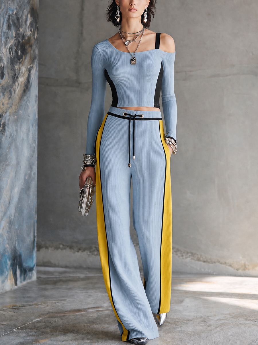 Women's Colorblock Sporty Knit Wide-Leg Pants Set MDZ1301H0GMJ