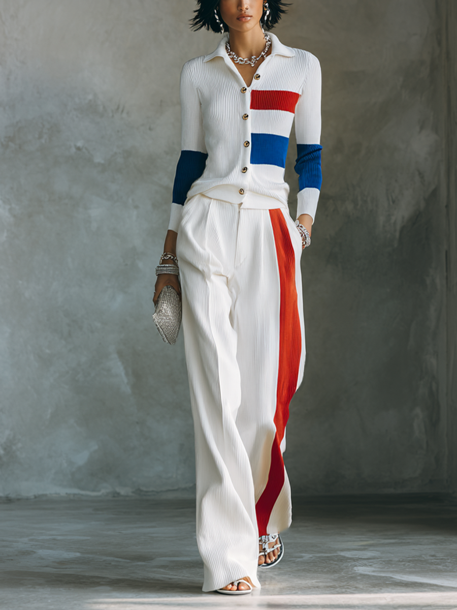Women's Colorblock Commuter Knit Wide-Leg Pants Set MDZ1328H2GMJ