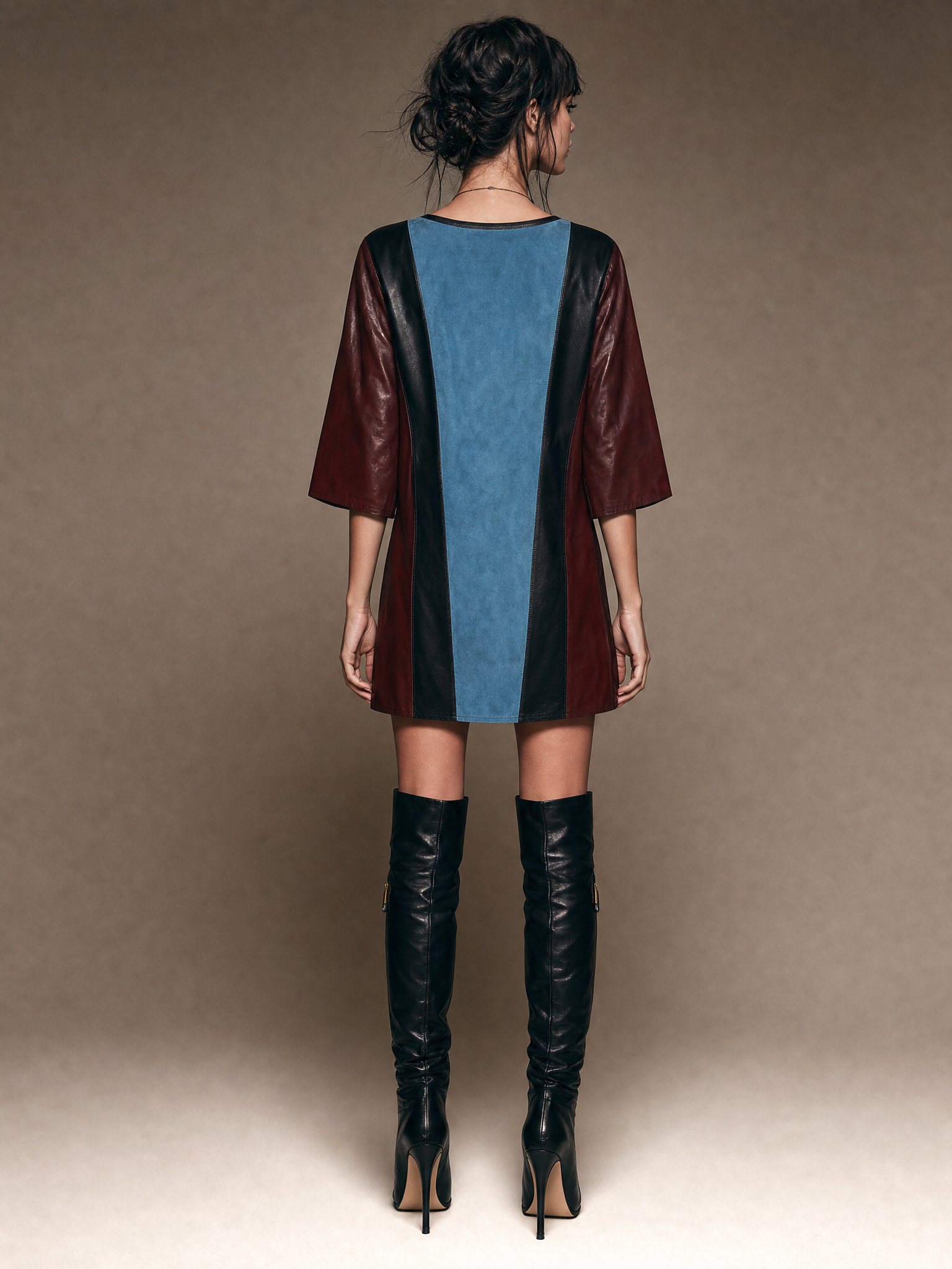 Women's Retro Faux Suede And Faux Leather Panel Mini Dress With Mid-Length Sleeves MDZ1342H1WY