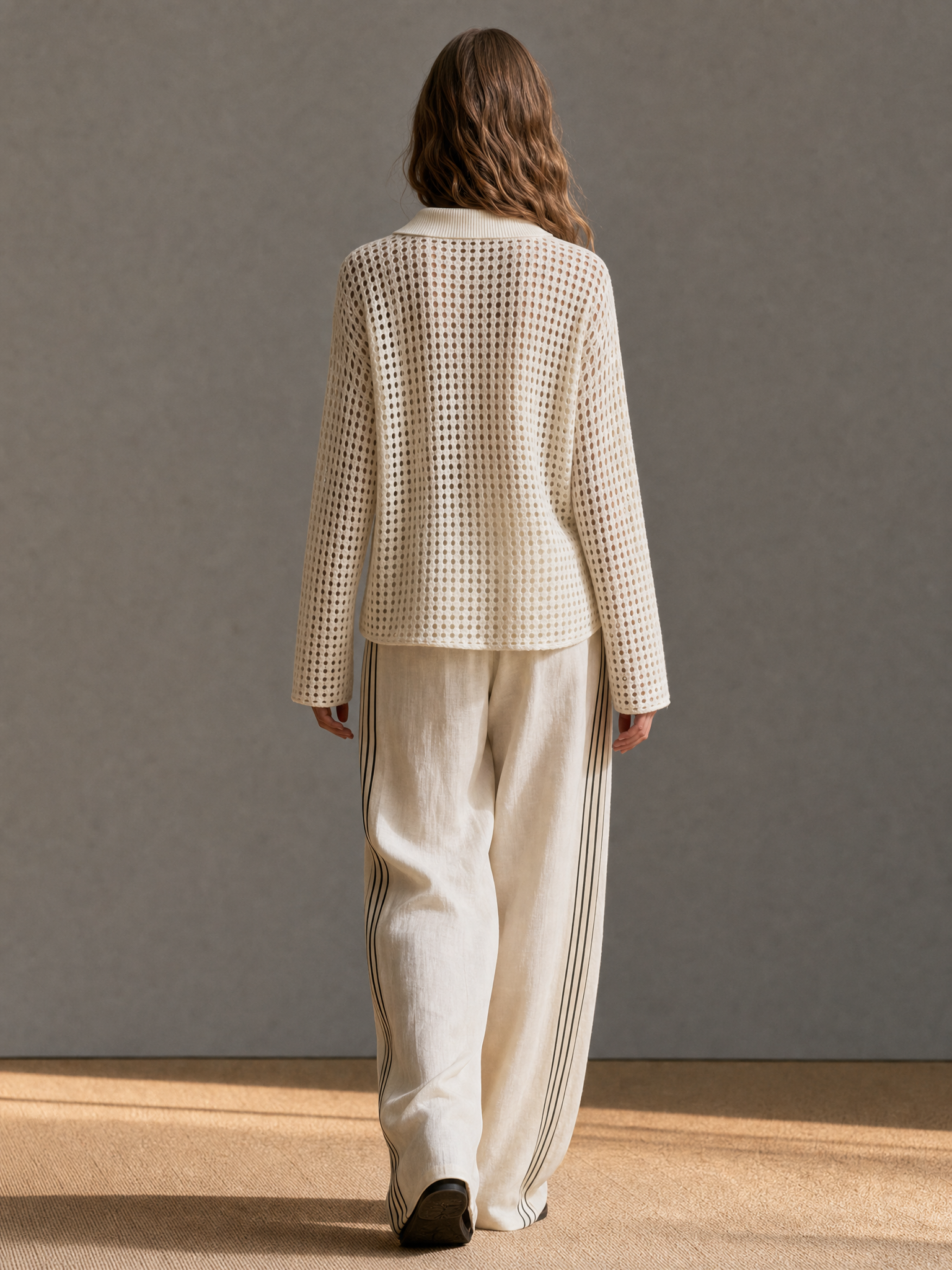 Women's Retro Casual Cut-Out Polo Collar Sweater And Wide-Leg Pants Set MDZ1391H7WY