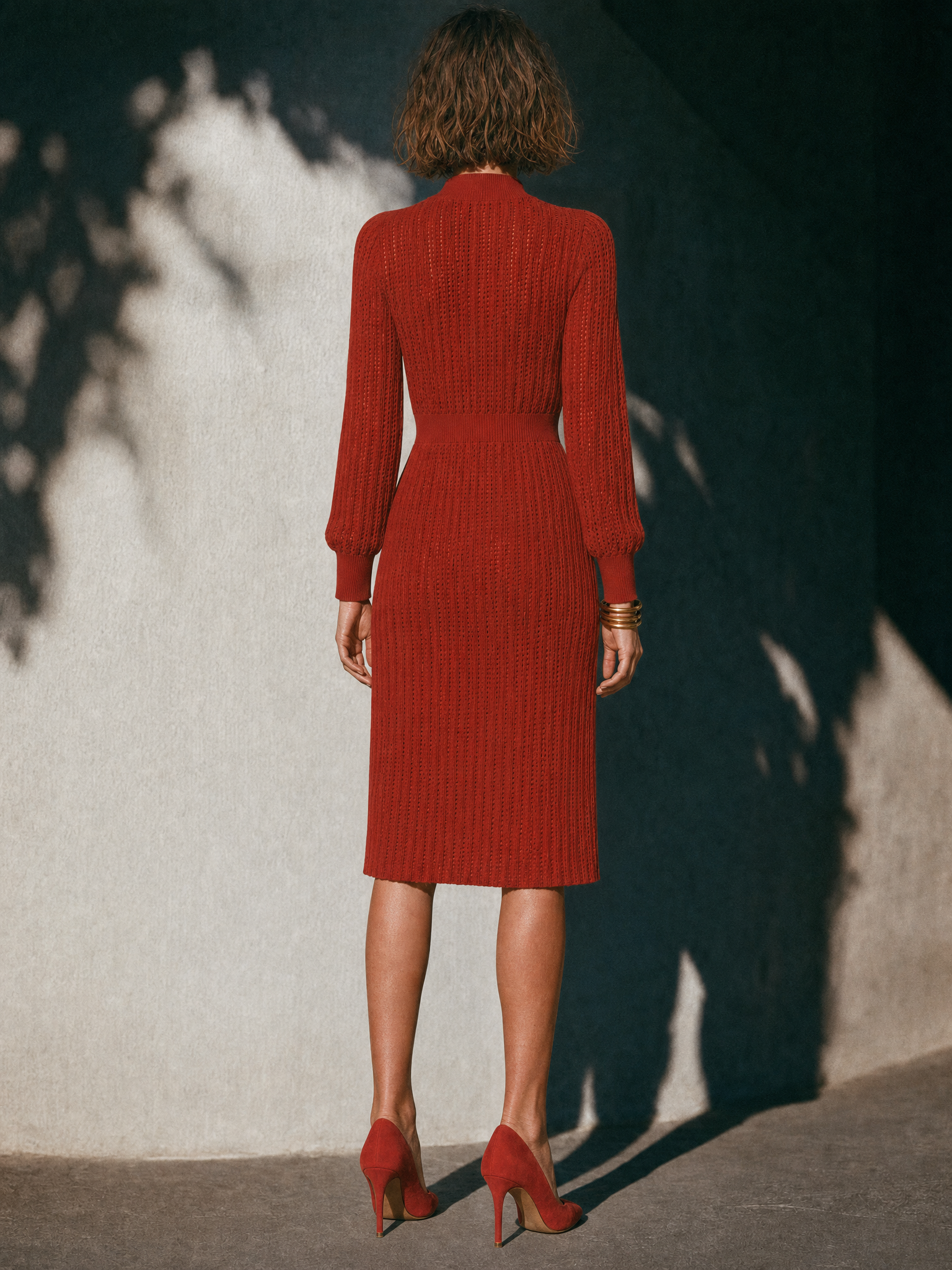 Women's Vintage Quiet Luxury Cut-Out Stand-Collar Knit Midi Dress MDZ1389H0WY