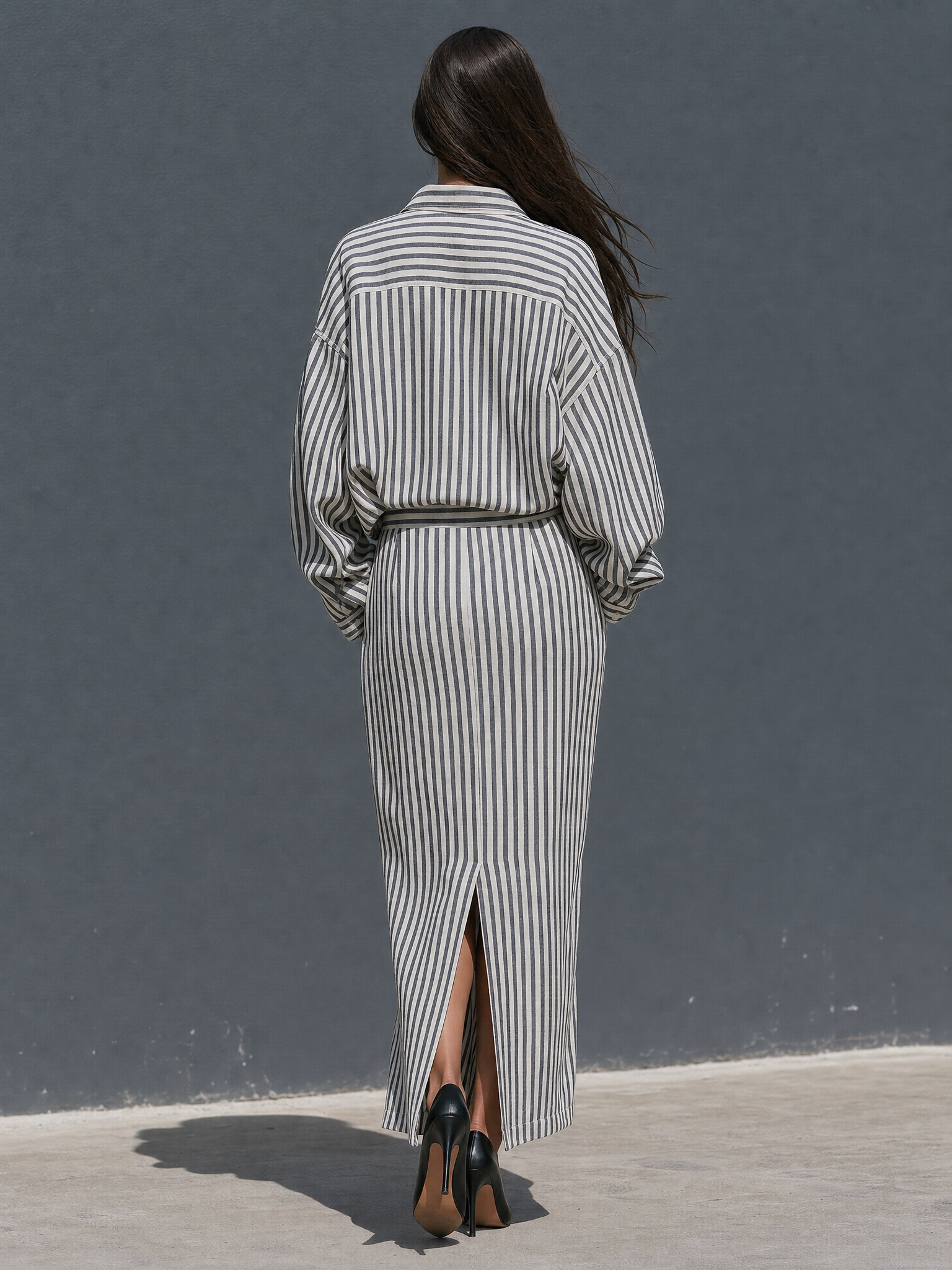 Women's Vintage Utility-Style Striped Shirt And Straight-Cut Skirt Set MDZ1380H2WY