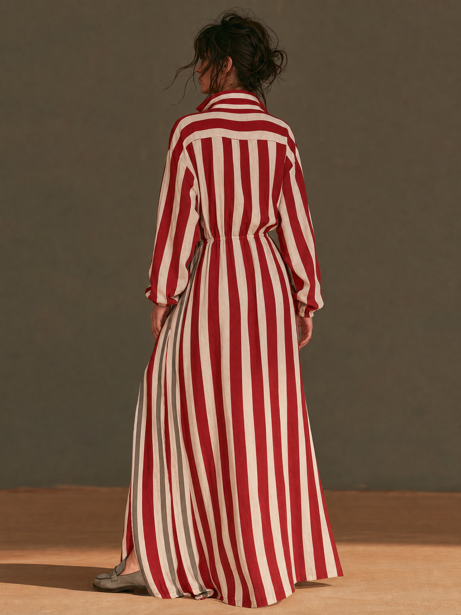 Women's Vintage Striped Drawstring Slit Maxi Dress MDZ1312H2WY