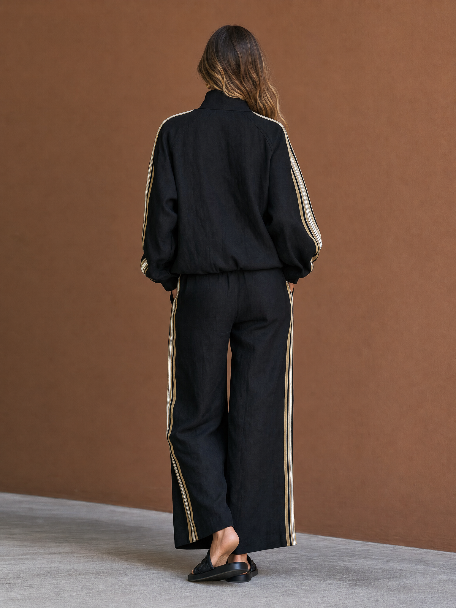 Women's Vintage-style Casual Half-zip Blouse And Cropped Wide-leg Trousers Set MDZ1311H3WY