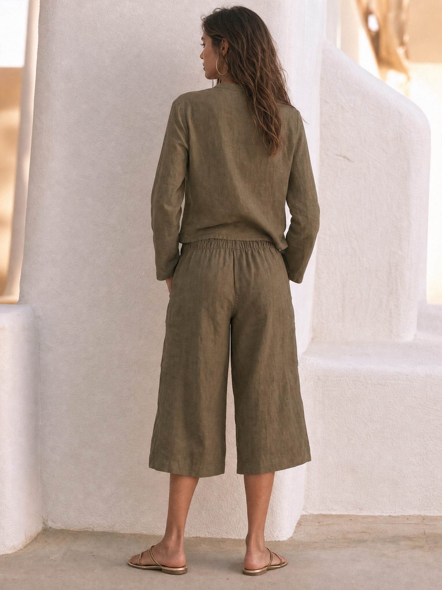 Women's Vintage Casual V-Neck Blouse And Drawstring Utility Cropped Wide-Leg Pants Set MDZ1385H7WY