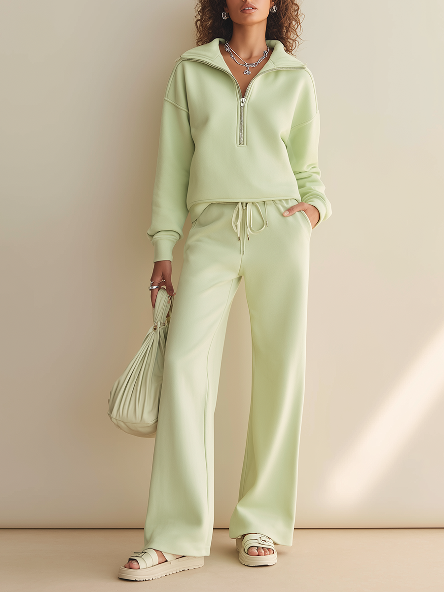 Women's Casual Half-Zip Dropped-Shoulder Long-Sleeve Sweatshirt & Drawstring Wide-Leg Trouser Set MDZ1487H8CMX