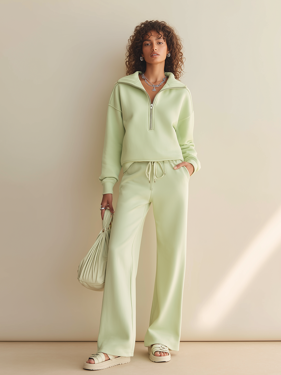 Women's Casual Half-Zip Dropped-Shoulder Long-Sleeve Sweatshirt & Drawstring Wide-Leg Trouser Set MDZ1487H8CMX