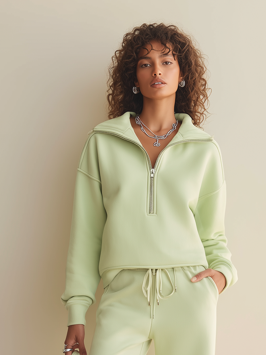 Women's Casual Half-Zip Dropped-Shoulder Long-Sleeve Sweatshirt & Drawstring Wide-Leg Trouser Set MDZ1487H8CMX