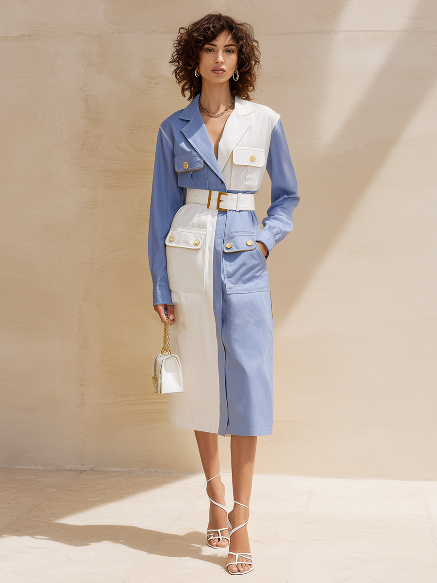 Women's Colorblock Collared Long-Sleeve Belted Cargo-Pocket Shirt Midi Dress MDZ1421H2CMX
