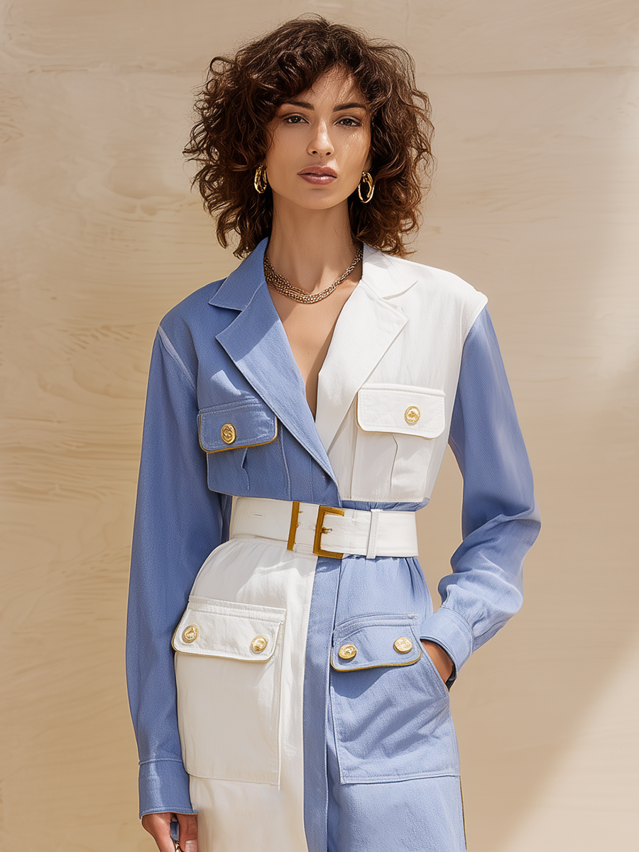 Women's Colorblock Collared Long-Sleeve Belted Cargo-Pocket Shirt Midi Dress MDZ1421H2CMX