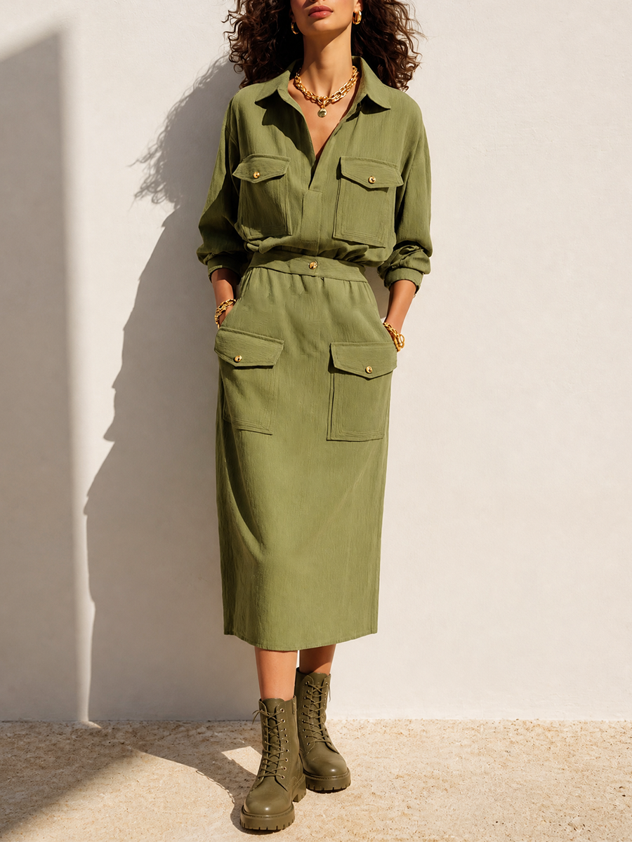 Women's Utility Cotton Collared Cargo-Pocket Dropped-Shoulder Long-Sleeve Shirt & Straight Skirt Set MDZ1460H0CMX