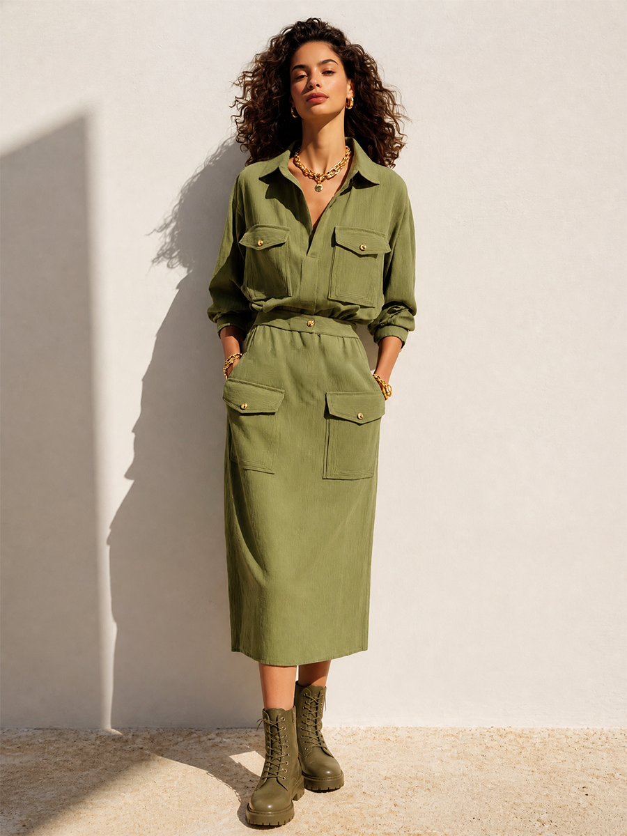 Women's Utility Cotton Collared Cargo-Pocket Dropped-Shoulder Long-Sleeve Shirt & Straight Skirt Set MDZ1460H0CMX
