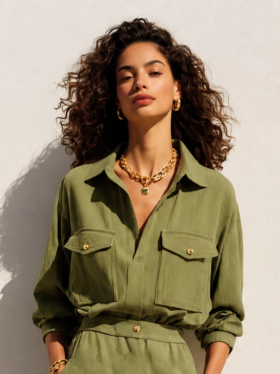 Women's Utility Cotton Collared Cargo-Pocket Dropped-Shoulder Long-Sleeve Shirt & Straight Skirt Set MDZ1460H0CMX