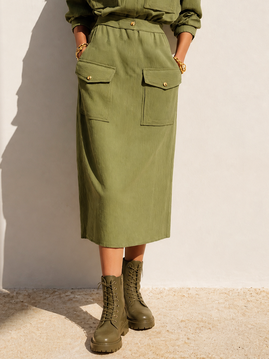 Women's Utility Cotton Collared Cargo-Pocket Dropped-Shoulder Long-Sleeve Shirt & Straight Skirt Set MDZ1460H0CMX