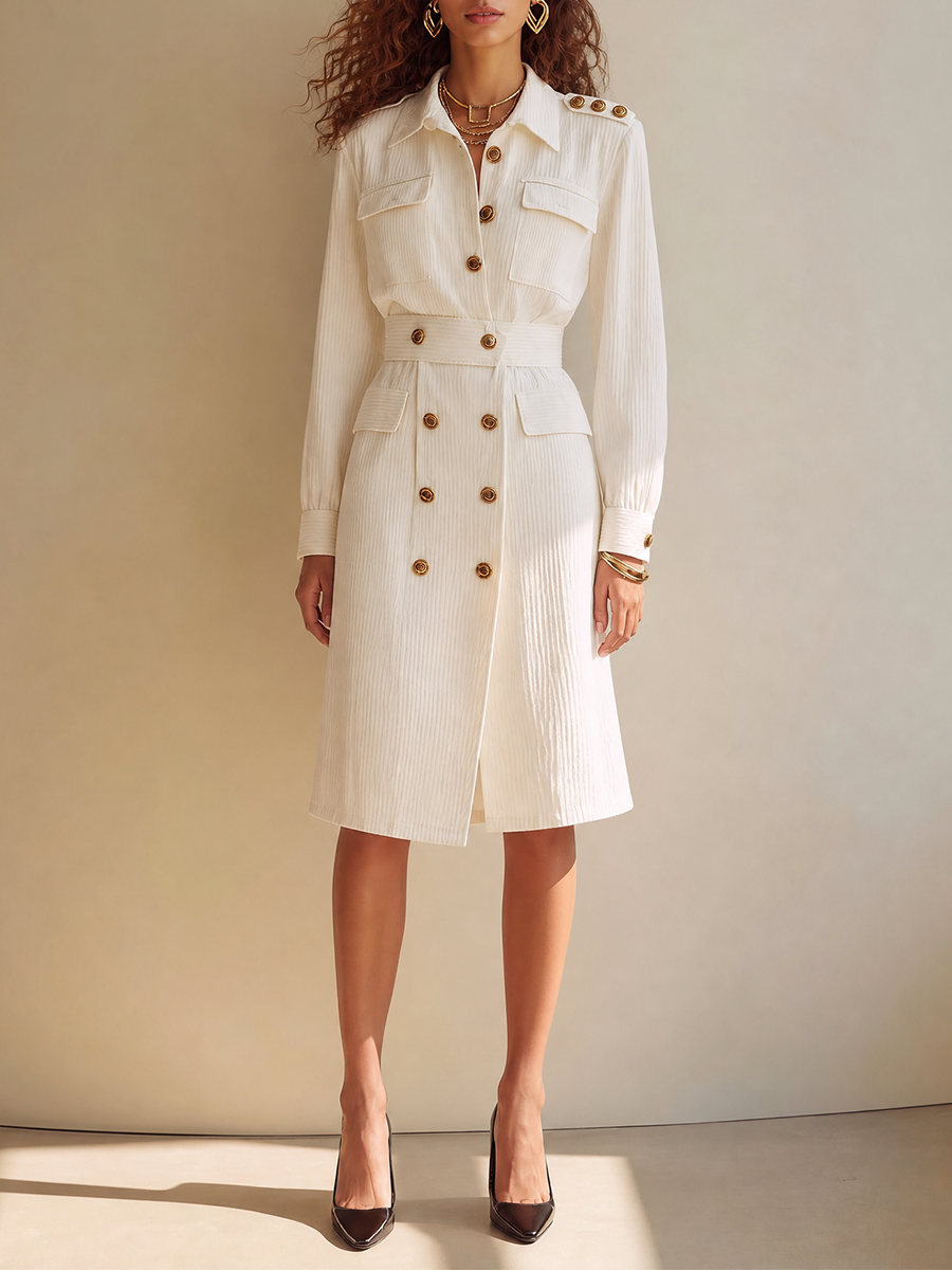 Women's Elegant Corduroy Collared Gold-Button Cargo-Pocket Double-Breasted Long-Sleeve Belted Shirt Midi Dress MDZ1402H8CMX