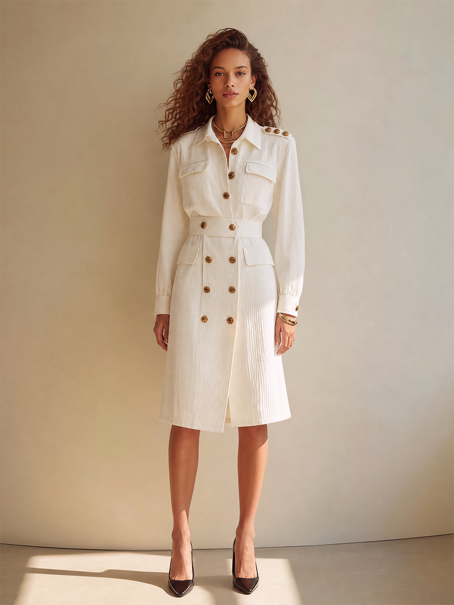 Women's Elegant Corduroy Collared Gold-Button Cargo-Pocket Double-Breasted Long-Sleeve Belted Shirt Midi Dress MDZ1402H8CMX
