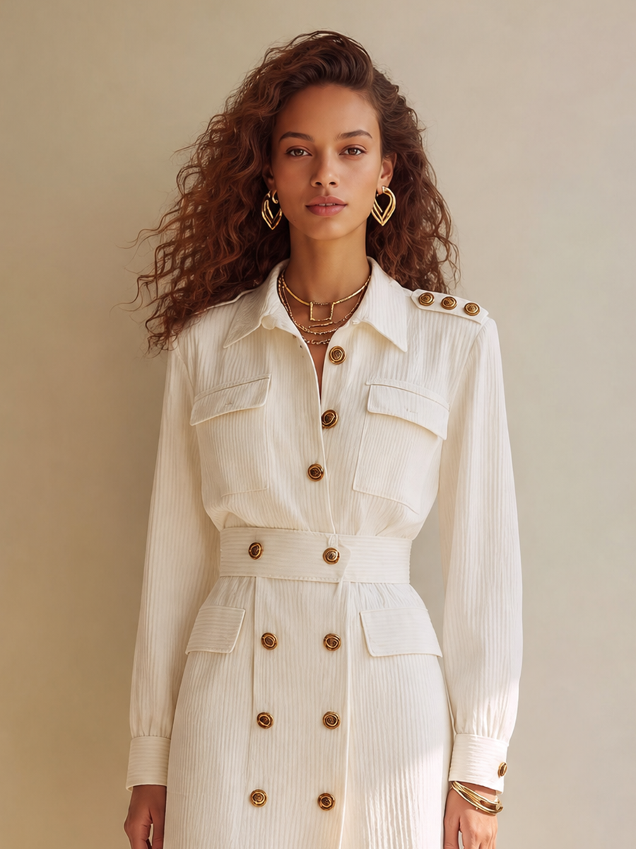 Women's Elegant Corduroy Collared Gold-Button Cargo-Pocket Double-Breasted Long-Sleeve Belted Shirt Midi Dress MDZ1402H8CMX