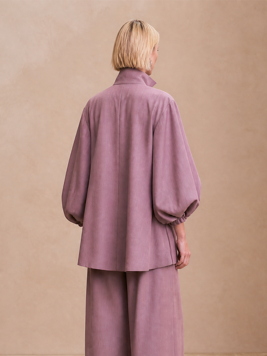 Women's Draped Collar Linen Puff Sleeve Open Front Jacket MDZ1478H6LYL