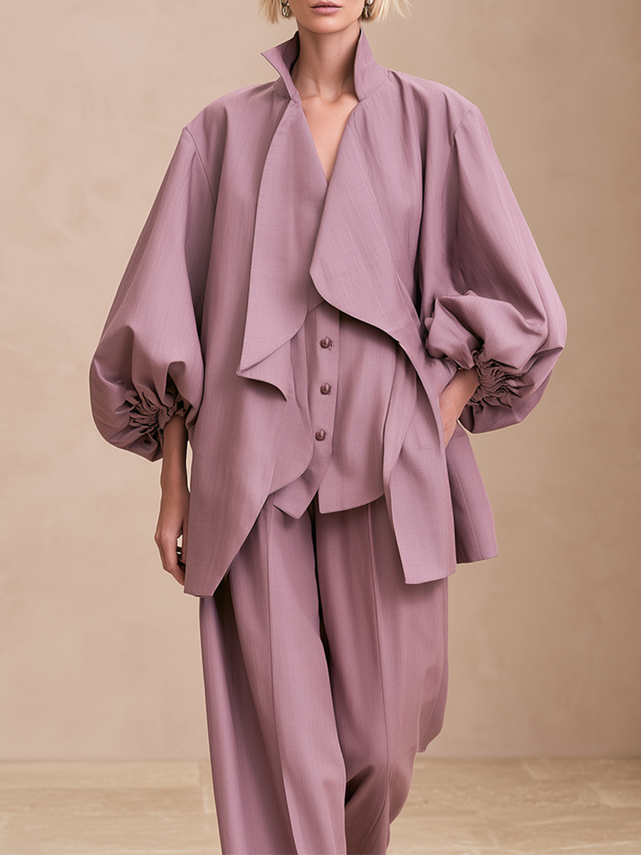 Women's Draped Collar Linen Puff Sleeve Open Front Jacket MDZ1478H6LYL