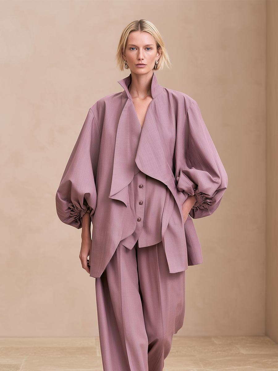 Women's Draped Collar Linen Puff Sleeve Open Front Jacket MDZ1478H6LYL