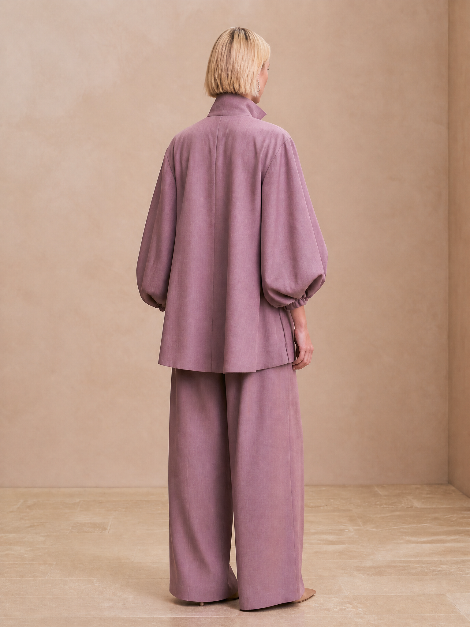 Women's Draped Collar Linen Puff Sleeve Open Front Jacket MDZ1478H6LYL