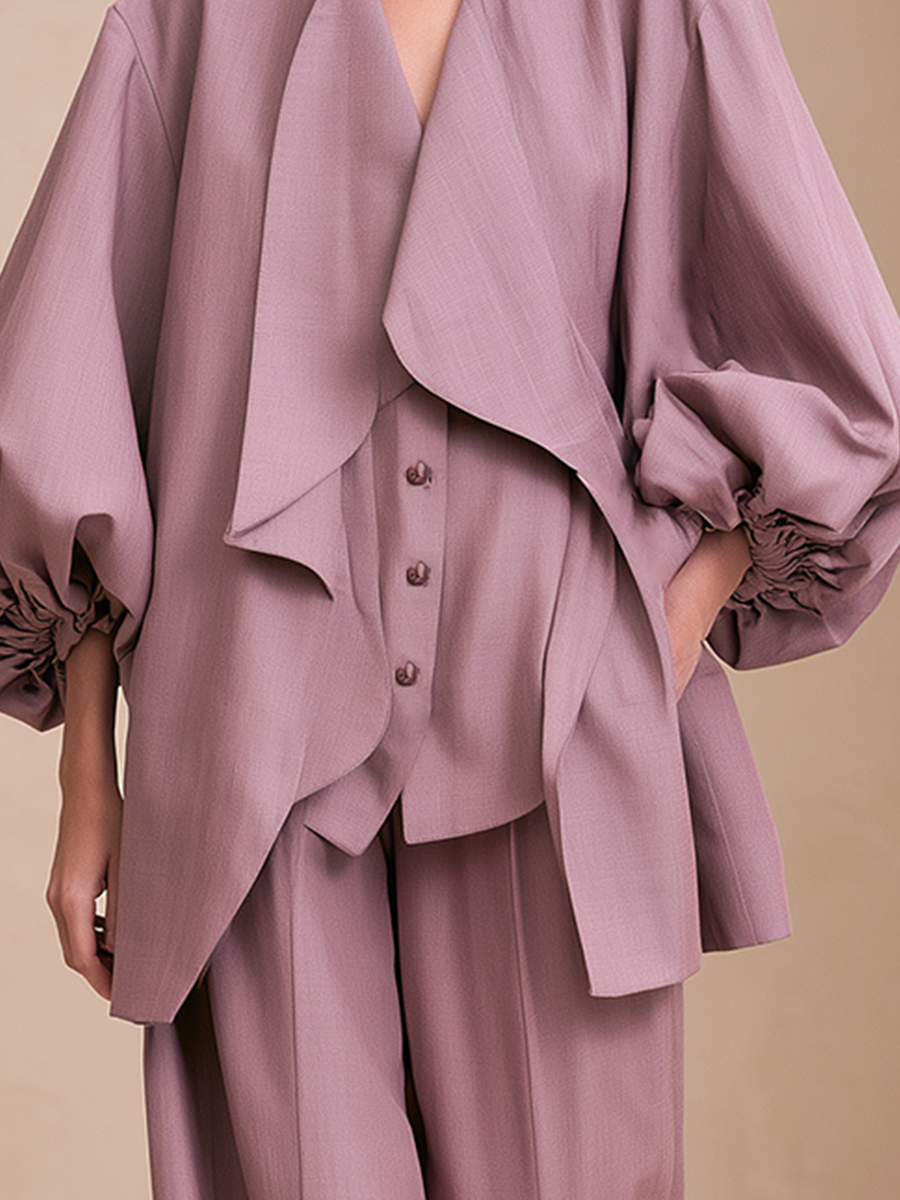 Women's Draped Collar Linen Puff Sleeve Open Front Jacket MDZ1478H6LYL