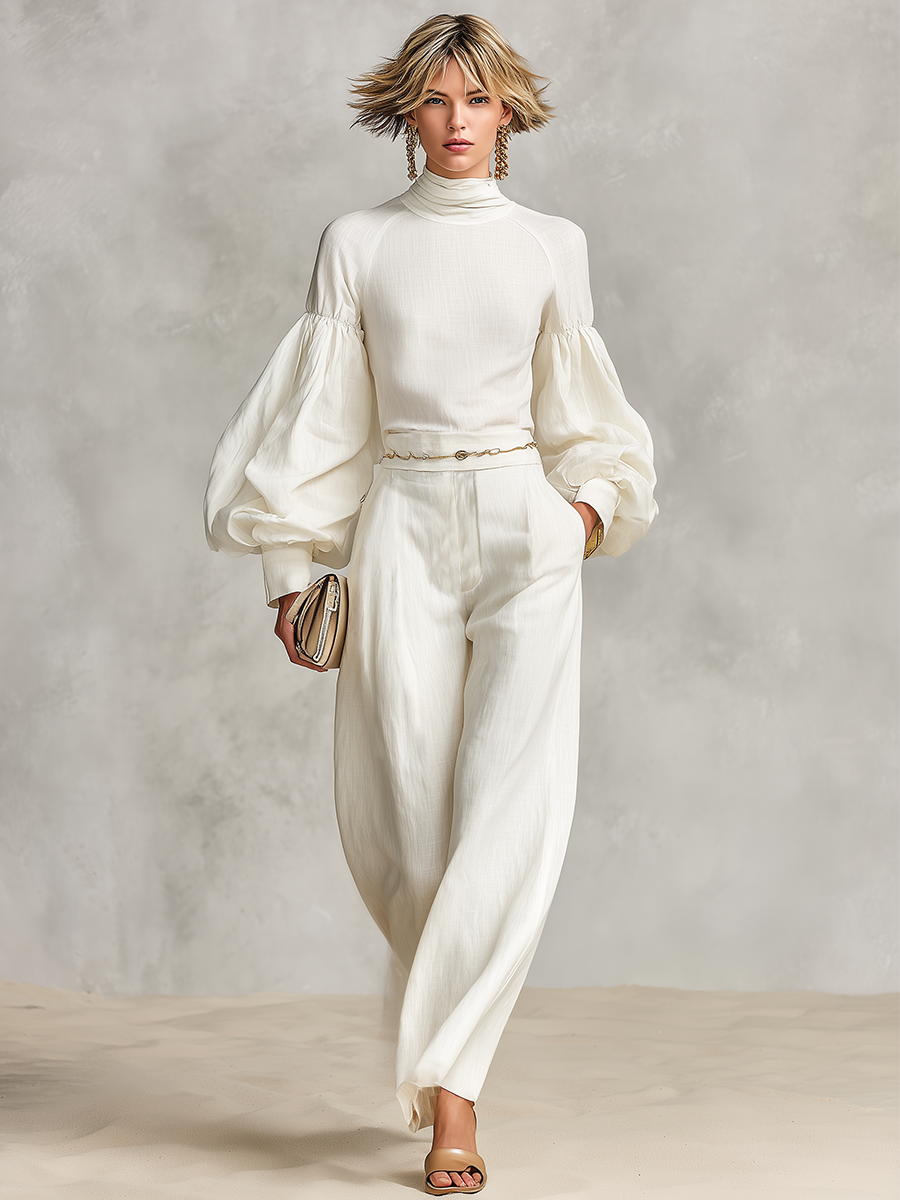 Women's Turtleneck Linen Vacation Wide Leg Two‑Piece Set (Without Belt) MDZ1484H3LYL